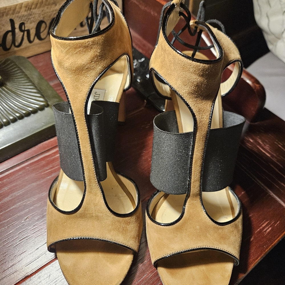 JIMMY CHOO Lace Up Strappy Block Heel Miora 10.5 Suede Tan and Black